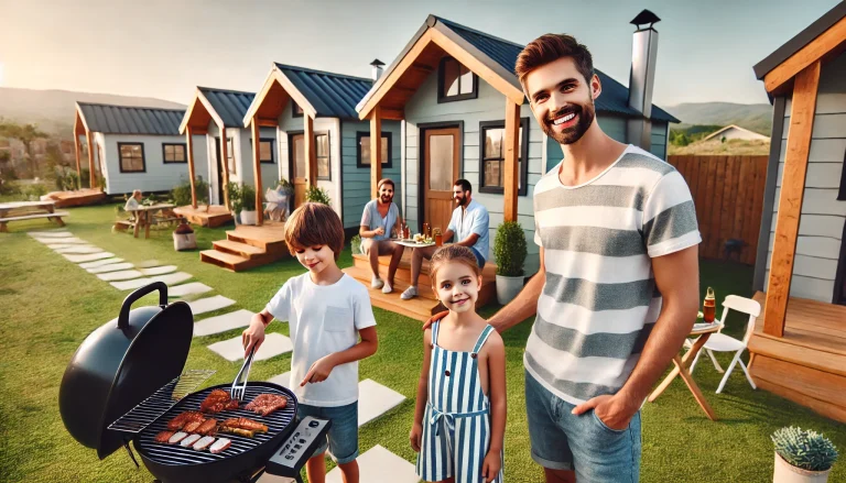 A family casually dressed, barbequing outside in a Tiny Home Communities. The setting includes small, modern tiny homes, green lawn.