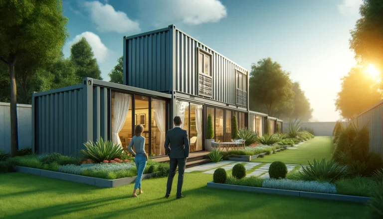 A modern container home set in a beautifully landscaped yard. A casually dressed man and woman are standing and looking at it. This images is about Zoning Laws for Tiny Homes
