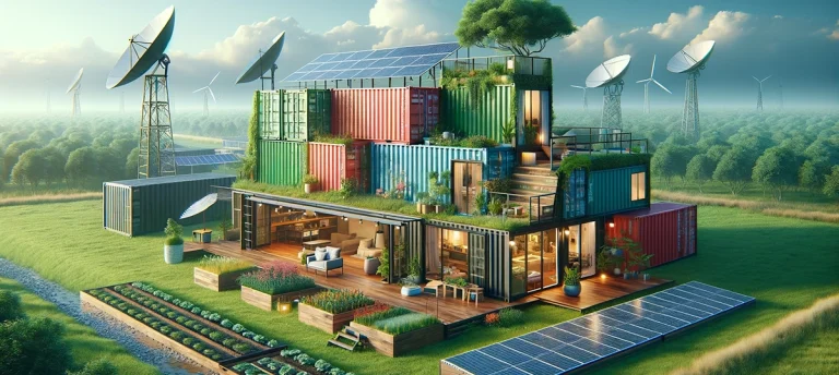 A sprawling, landscape-oriented image that captures the revolution of sustainable living through the lens of container home design