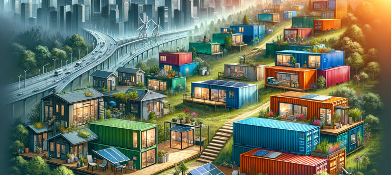 The Rise of The Shipping Container Home. A modern city with container homes in the foreground.