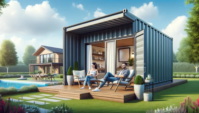 A modern Ready Made Granny Flat, located in the backyard of a conventional modern home. A casually dressed man and woman are sitting outside