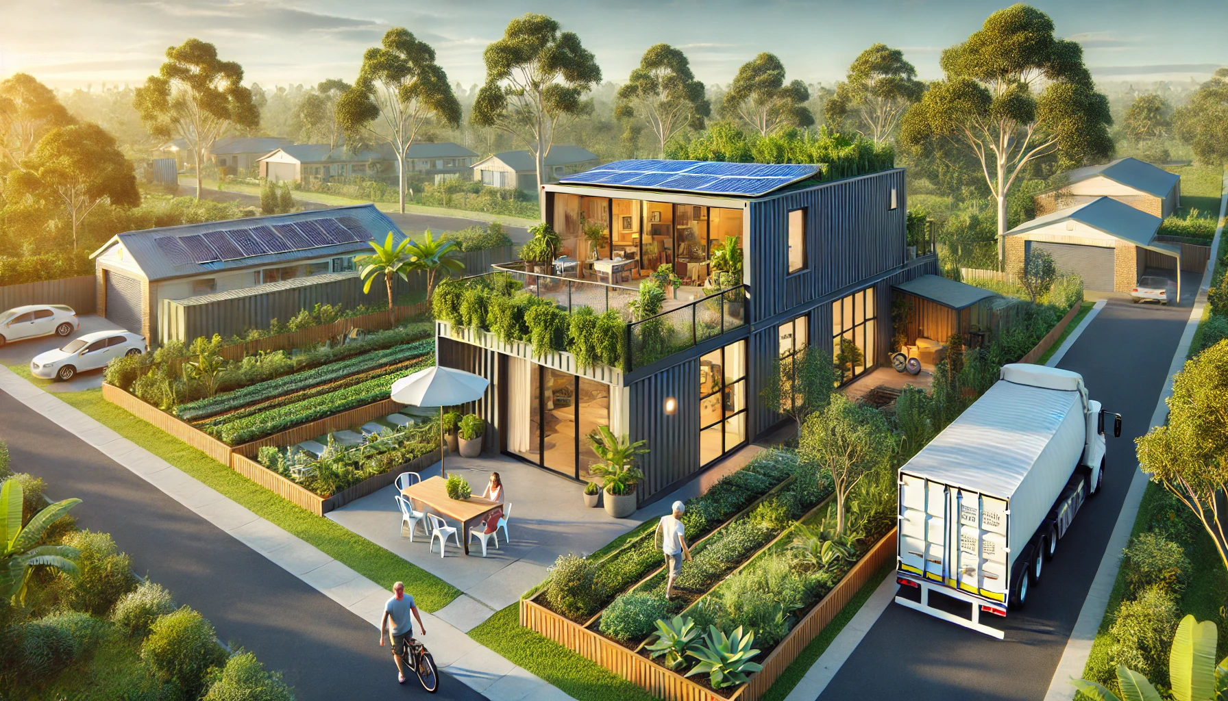 A modern shipping container home on a residential land plot in Queensland. The container home features large glass doors, a rooftop garden, and represents Tiny House QLD