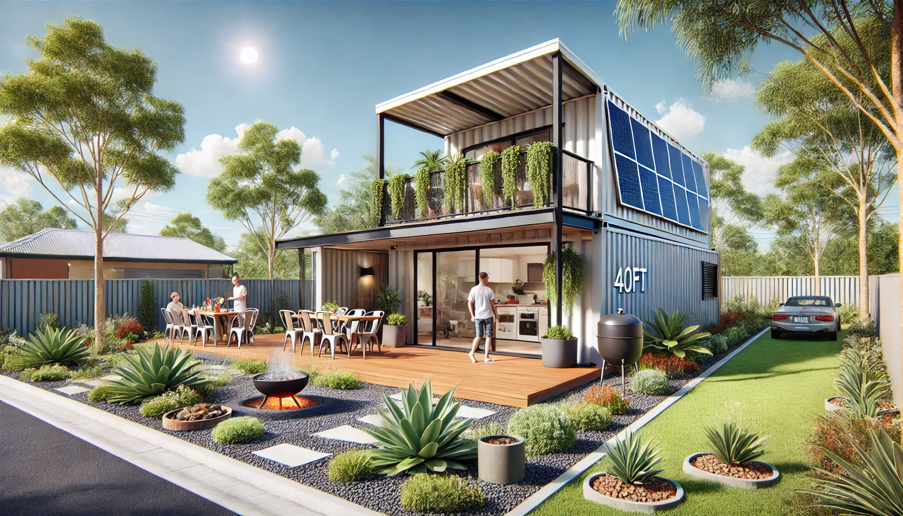 A stylish residential property in Queensland featuring a 40ft shipping container home. The house has a modern, minimalist design and represents a Tiny House QLD