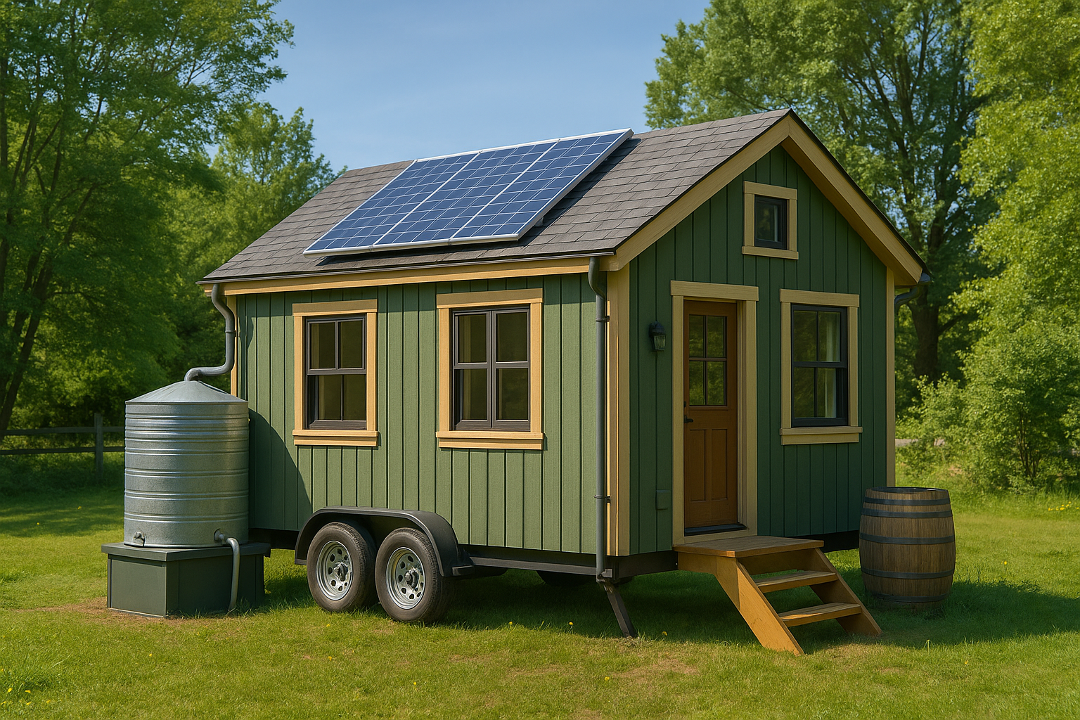 a Sustainable Tiny Home on wheels with a water tank and solar panels